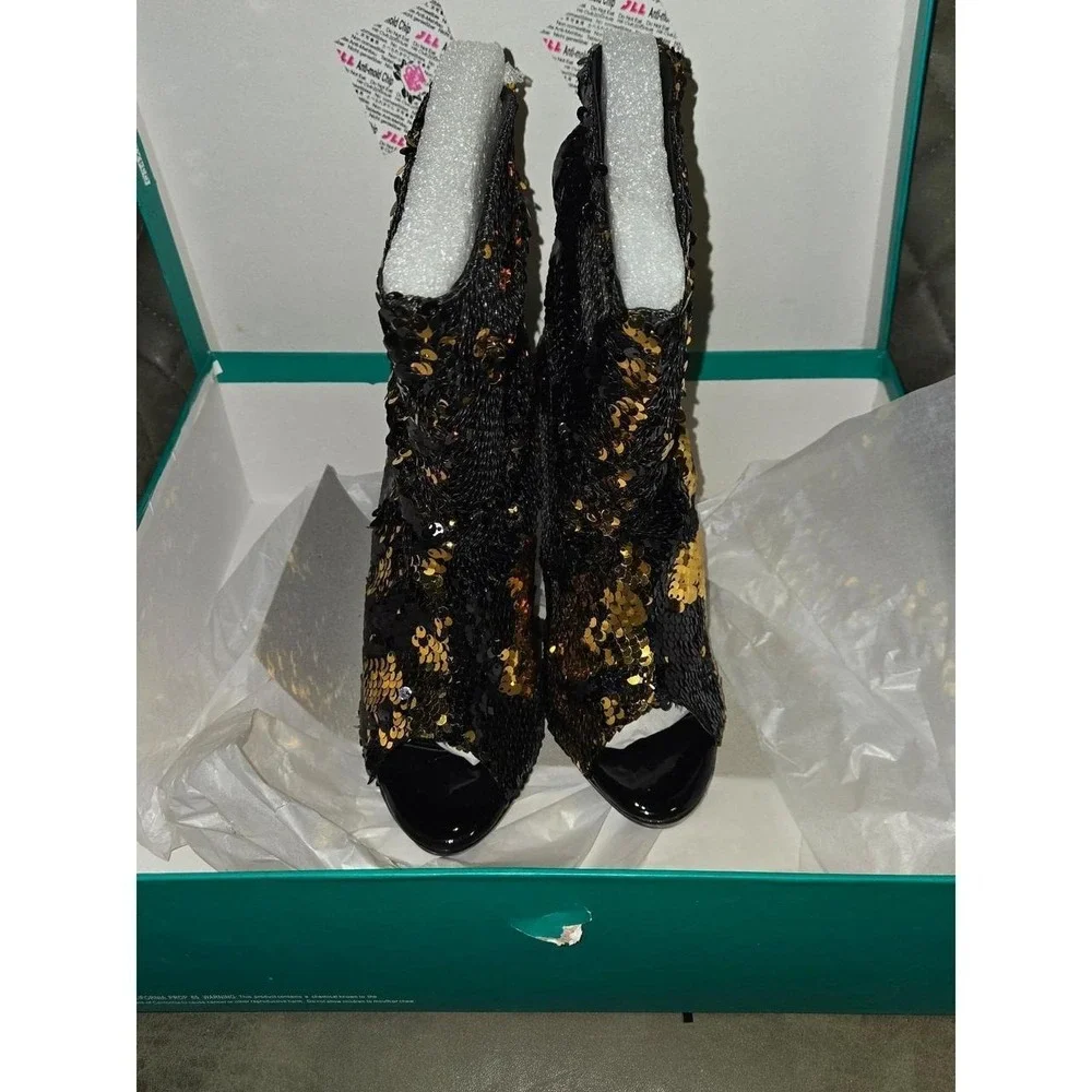 Lauren Lorraine Marlow Black/Gold Sequin Peep Toe Heel
